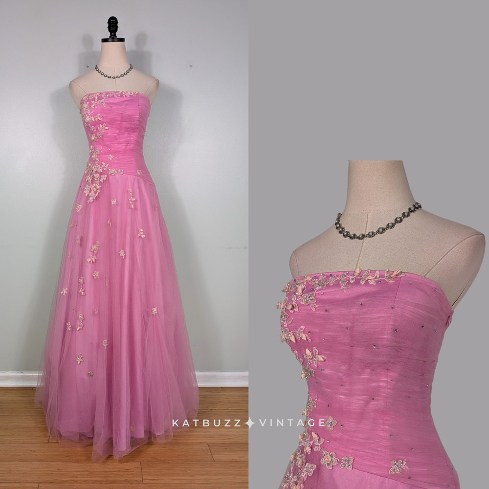 Y2K Jovani Prom Dress Maxi Ball Gown 8 Pink Fairy Princess Strapless Floral Bead